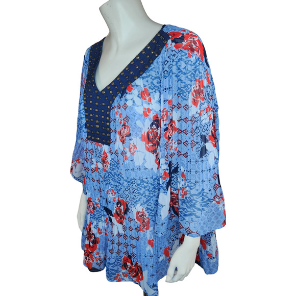 Woman Within‎ Blue Red floral CRINKLE peasant top 18/20 1X Beaded Neckline - Picture 11 of 12
